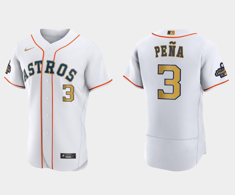Men's Houston Astros #3 Jeremy Peña White 2023 Gold Collection With World Serise Champions Patch Stitched Baseball Jersey